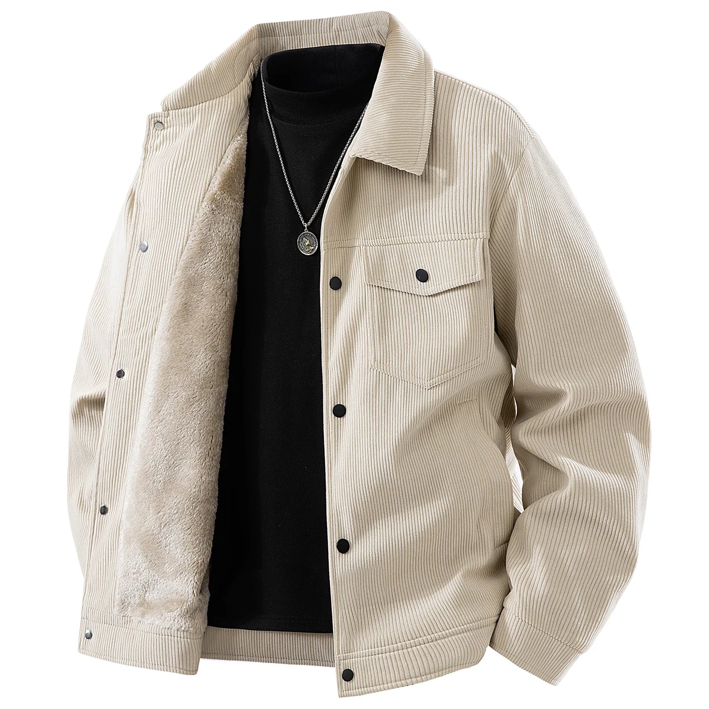 Men Winter Jacket - Thick Warm Casual Coat With Striped Fleece & Turn Down Collar - ZOOMNSTORE