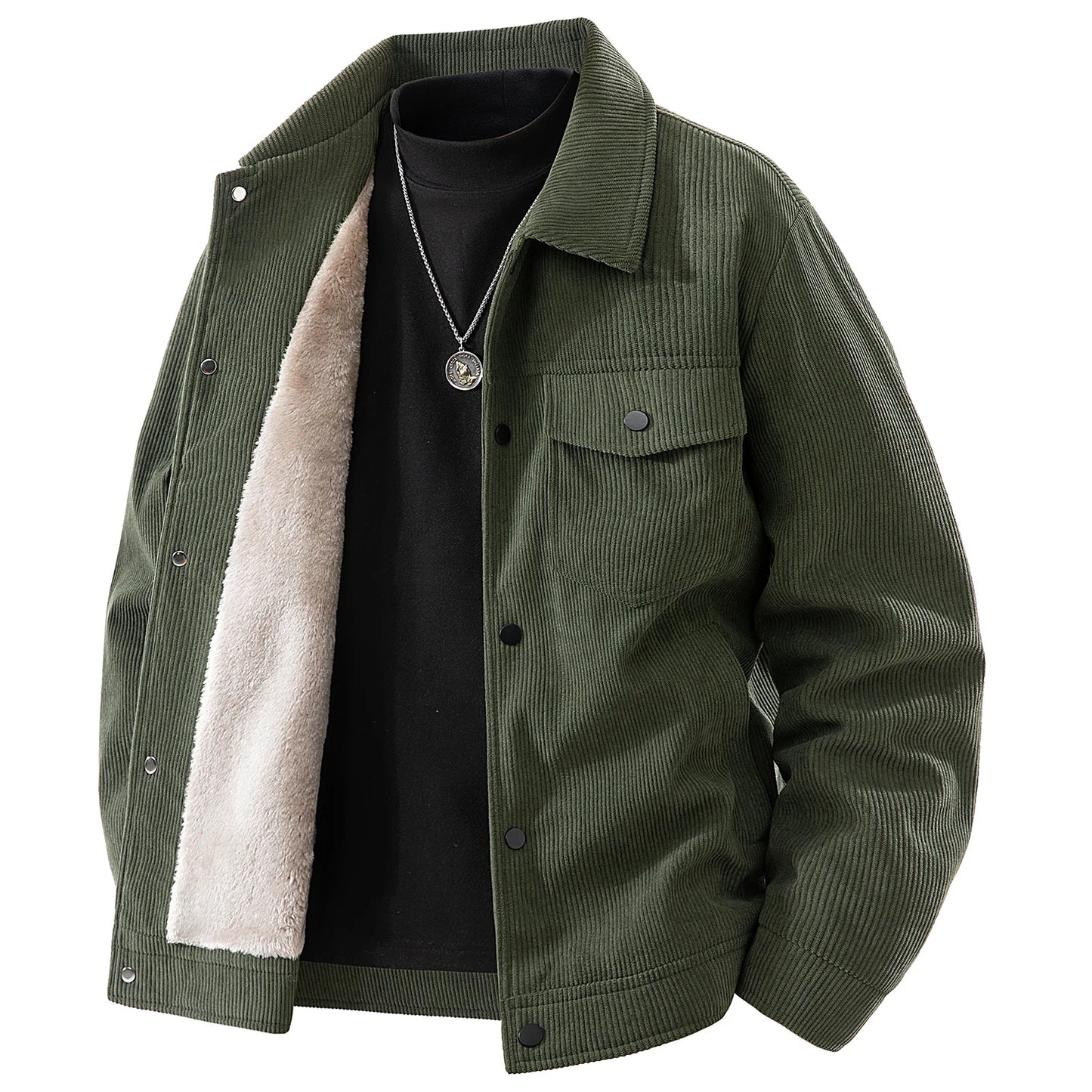 Men Winter Jacket - Thick Warm Casual Coat With Striped Fleece & Turn Down Collar - ZOOMNSTORE