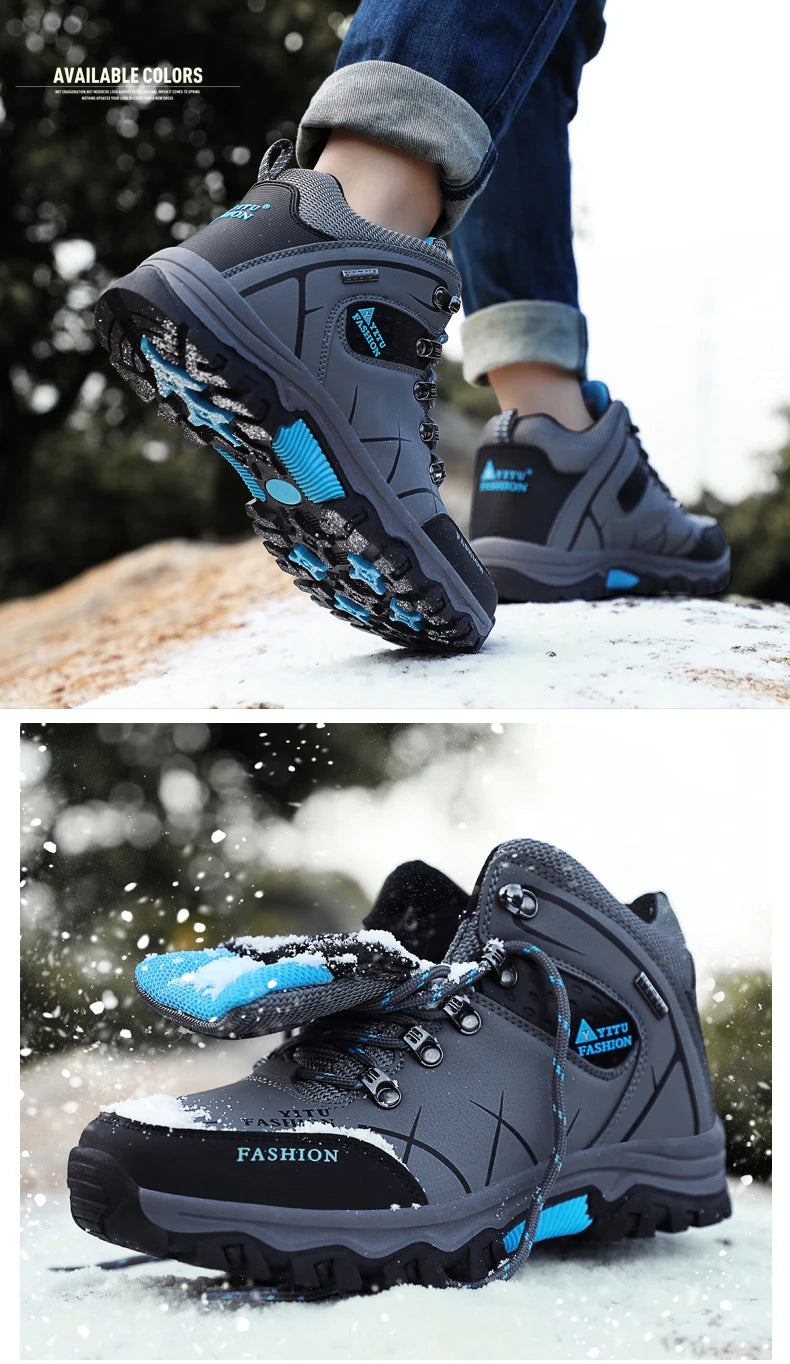 Men Winter Snow Boots - Waterproof Leather Hiking Shoes With Rubber Sole - ZOOMNSTORE