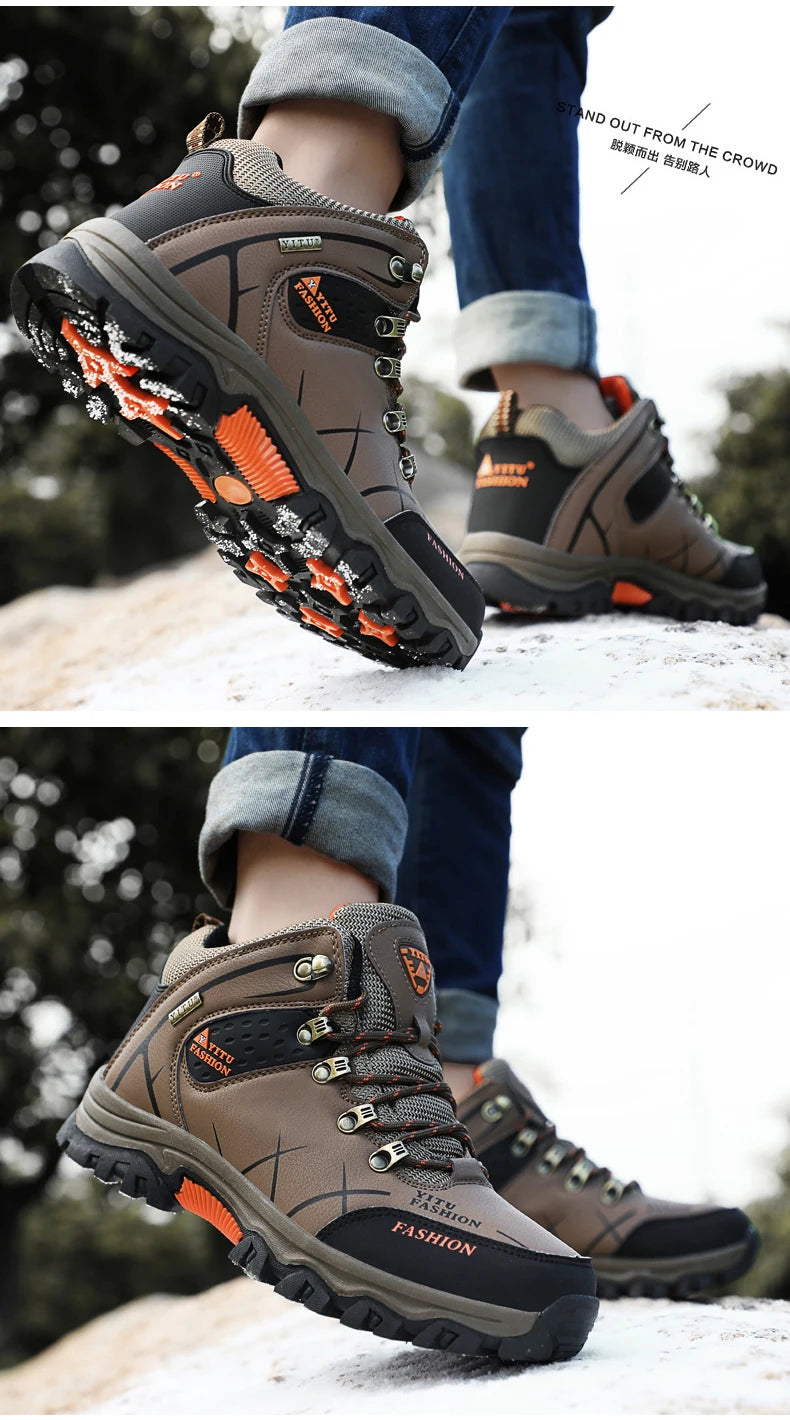 Men Winter Snow Boots - Waterproof Leather Hiking Shoes With Rubber Sole - ZOOMNSTORE