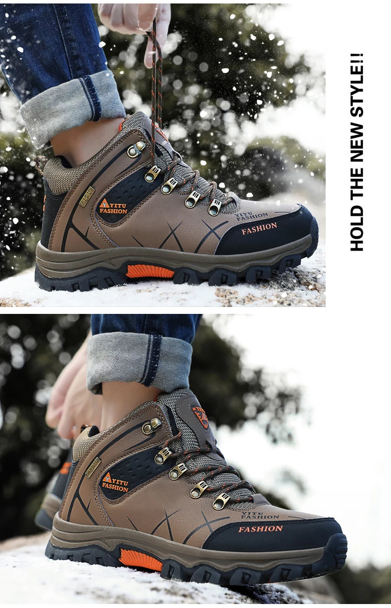 Men Winter Snow Boots - Waterproof Leather Hiking Shoes With Rubber Sole - ZOOMNSTORE
