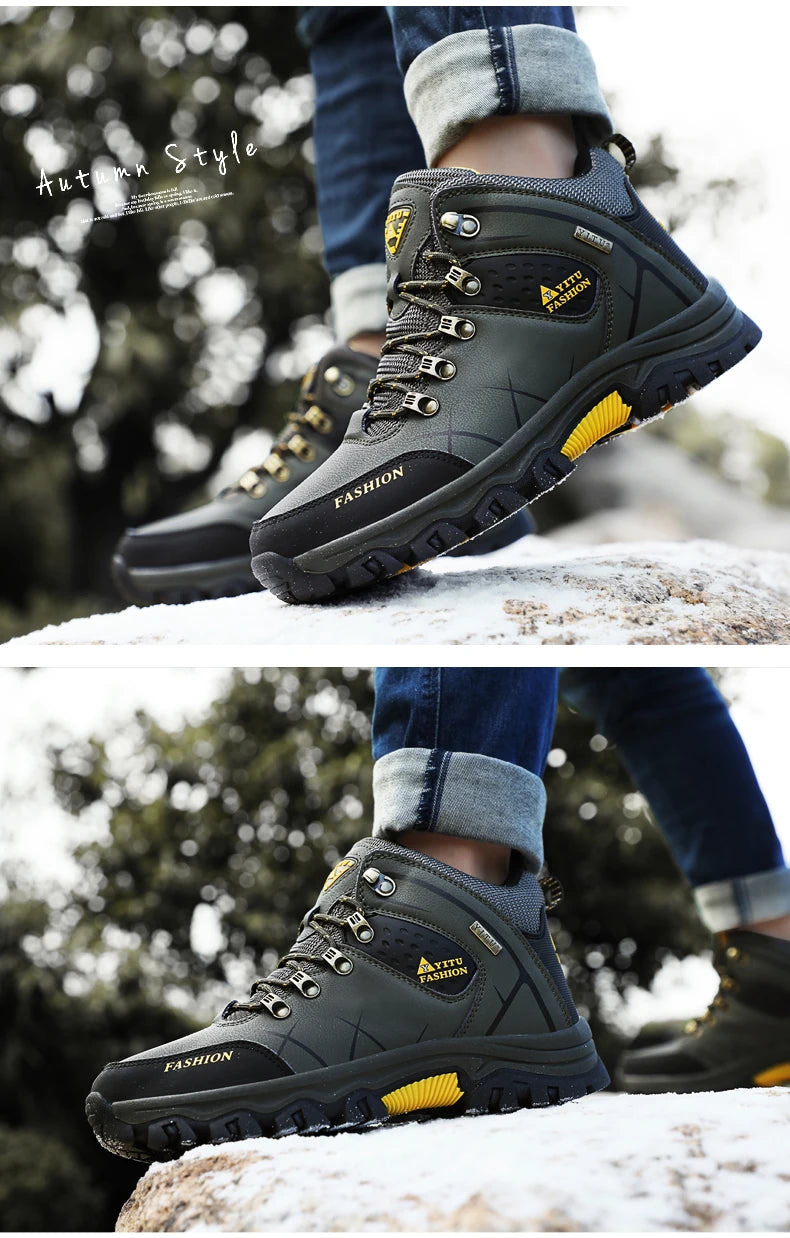 Men Winter Snow Boots - Waterproof Leather Hiking Shoes With Rubber Sole - ZOOMNSTORE