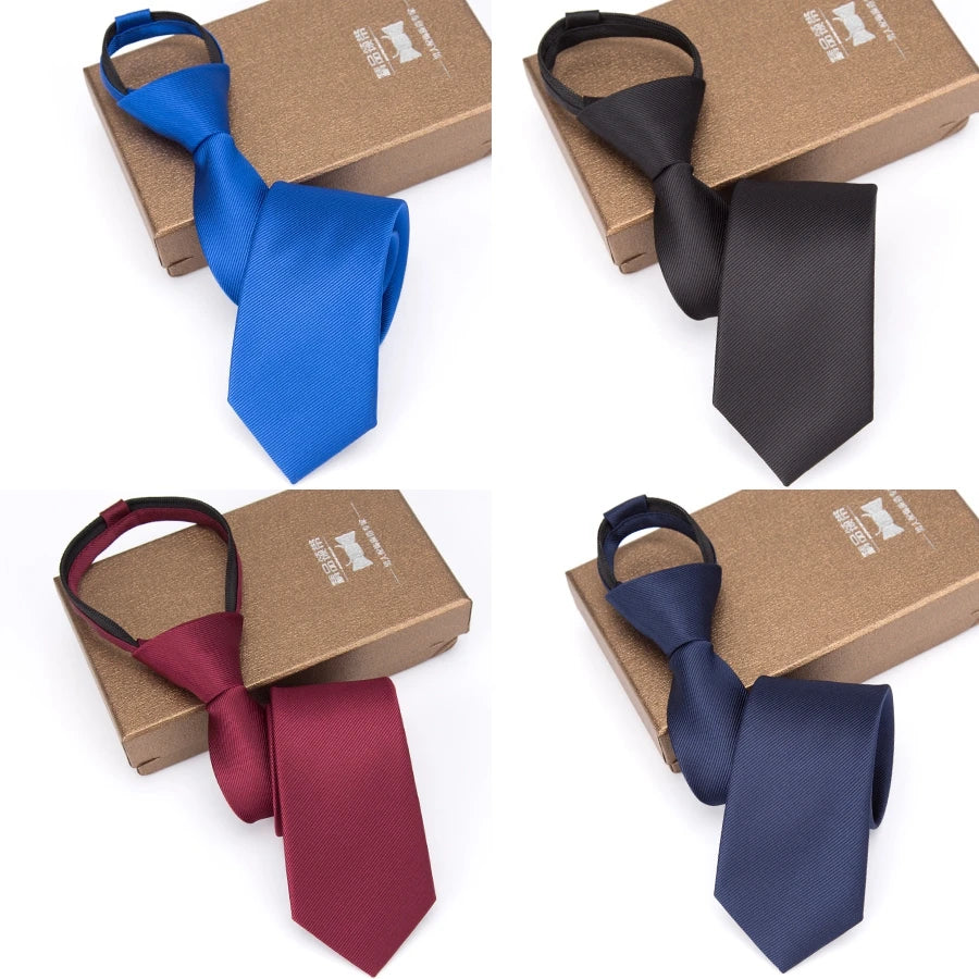 Mens Zipper Necktie - Solid 6cm Business Tie with Handkerchief and Bowtie Accessories - ZOOMNSTORE
