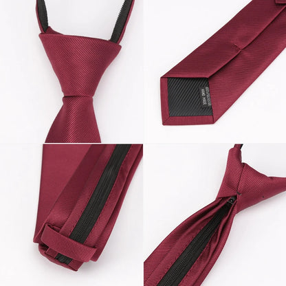 Mens Zipper Necktie - Solid 6cm Business Tie with Handkerchief and Bowtie Accessories - ZOOMNSTORE