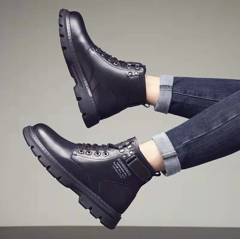 Men's Ankle Boots - Handmade Leather Motorcycle Lace-Up Rubber Outsole Boots - ZOOMNSTORE