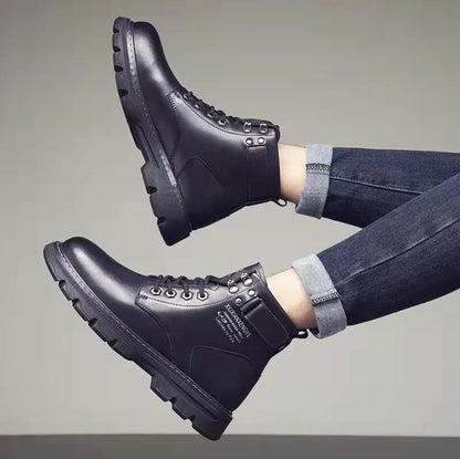 Men's Ankle Boots - Handmade Leather Motorcycle Lace-Up Rubber Outsole Boots - ZOOMNSTORE