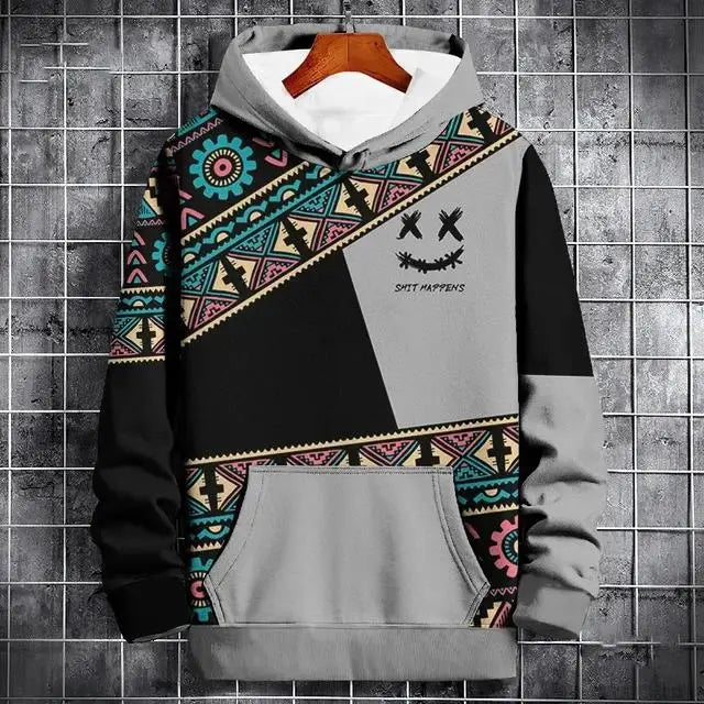 Men's Autumn Hoodie - 3D Print Sweatshirt With Ethnic Pattern Patchwork Print - ZOOMNSTORE