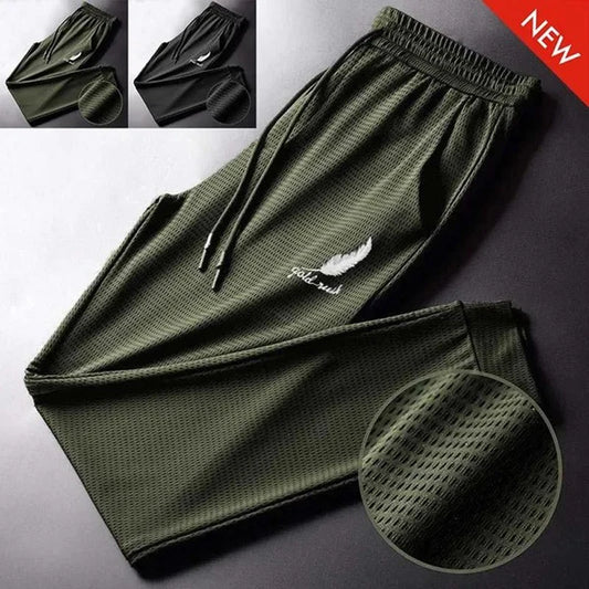 Men's Hollow Out Ice Silk Pants Mesh Breathable Casual Thin Quick Dry Pant Loose Elastic Beam Feet Pants Sports Fitness Trousers - ZOOMNSTORE