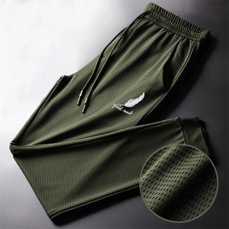 Men's Hollow Out Ice Silk Pants Mesh Breathable Casual Thin Quick Dry Pant Loose Elastic Beam Feet Pants Sports Fitness Trousers - ZOOMNSTORE