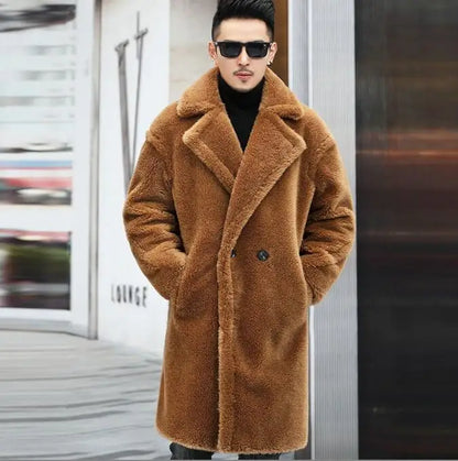 Men's Camel Fleece Coat - Long Thickened Faux Fur Winter Warm Jacket With Turn-Down Collar - ZOOMNSTORE