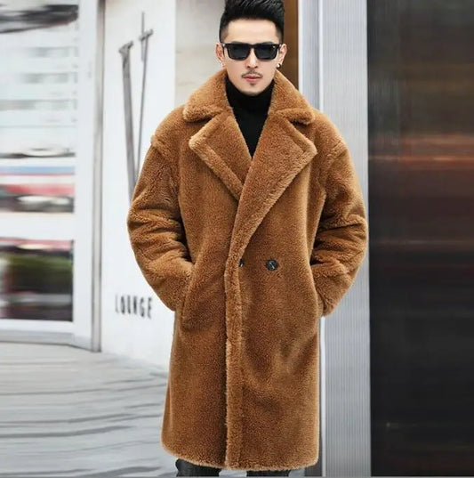 Men's Camel Fleece Coat - Long Thickened Faux Fur Winter Warm Jacket With Turn-Down Collar - ZOOMNSTORE