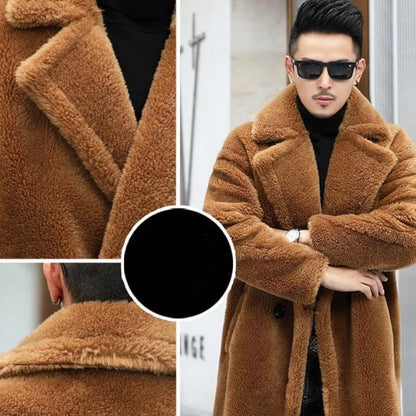 Men's Camel Fleece Coat - Long Thickened Faux Fur Winter Warm Jacket With Turn-Down Collar - ZOOMNSTORE