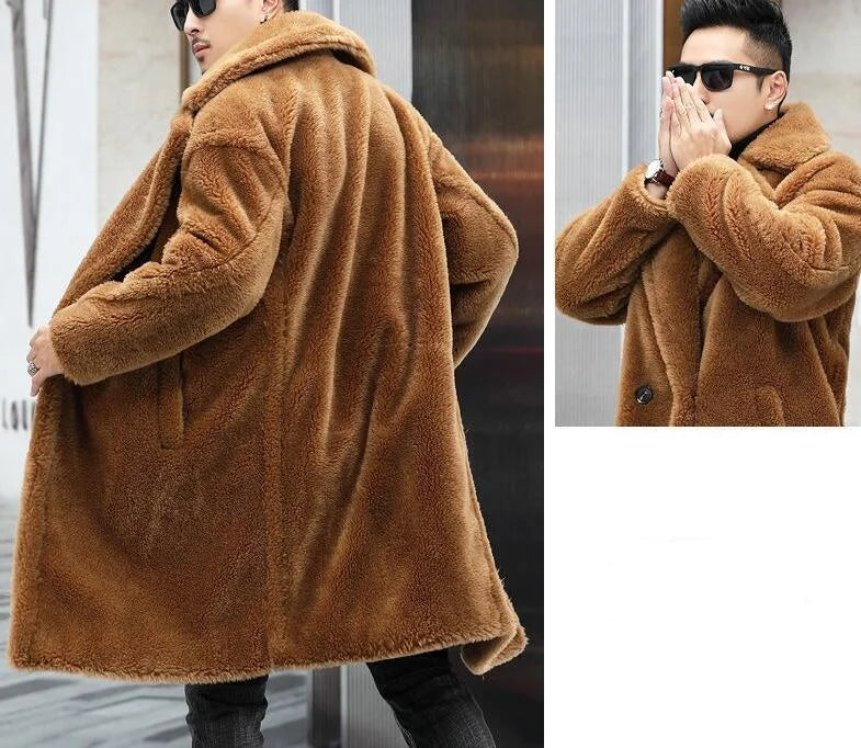 Men's Camel Fleece Coat - Long Thickened Faux Fur Winter Warm Jacket With Turn-Down Collar - ZOOMNSTORE