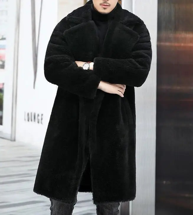 Men's Camel Fleece Coat - Long Thickened Faux Fur Winter Warm Jacket With Turn-Down Collar - ZOOMNSTORE
