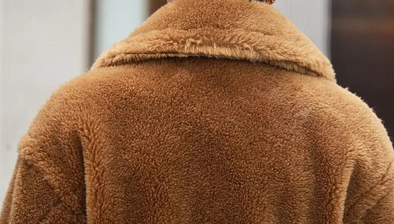 Men's Camel Fleece Coat - Long Thickened Faux Fur Winter Warm Jacket With Turn-Down Collar - ZOOMNSTORE