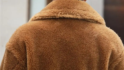 Men's Camel Fleece Coat - Long Thickened Faux Fur Winter Warm Jacket With Turn-Down Collar - ZOOMNSTORE