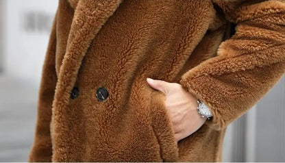 Men's Camel Fleece Coat - Long Thickened Faux Fur Winter Warm Jacket With Turn-Down Collar - ZOOMNSTORE