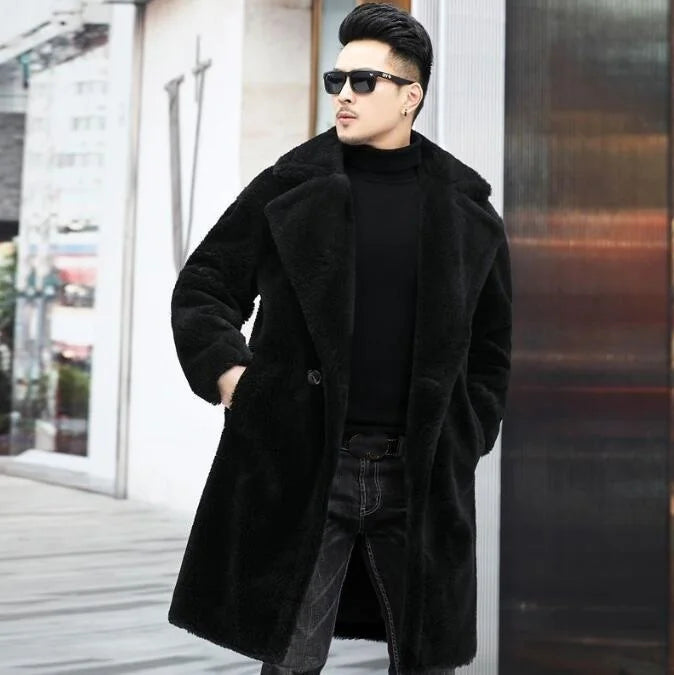 Men's Camel Fleece Coat - Long Thickened Faux Fur Winter Warm Jacket With Turn-Down Collar - ZOOMNSTORE