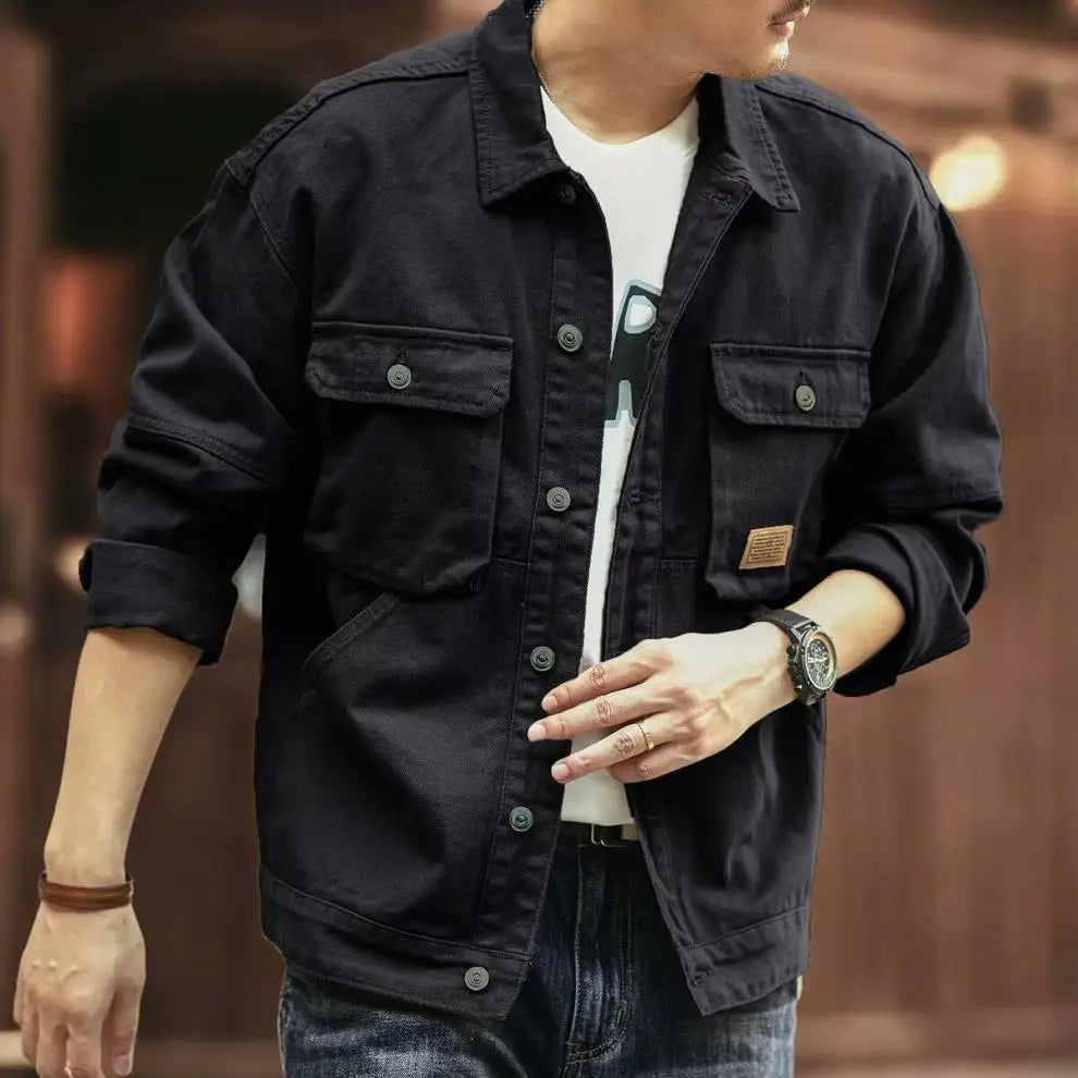 2024 Spring and Autumn Fashion Trend Solid Color Cargo Jacket Men's Casual Loose Comfortable High Quality Plus-Size Denim Coat - ZOOMNSTORE