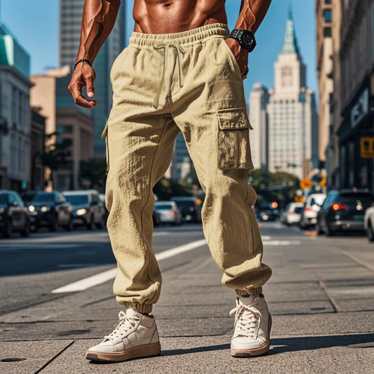 Men's Casual Cargo Pants - Cotton Linen Multi-Pocket Ankle-Length Trousers - ZOOMNSTORE