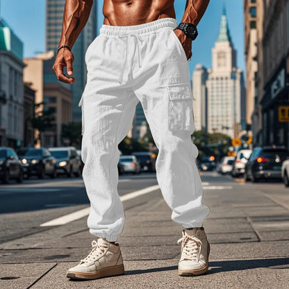 Men's Casual Cargo Pants - Cotton Linen Multi-Pocket Ankle-Length Trousers - ZOOMNSTORE