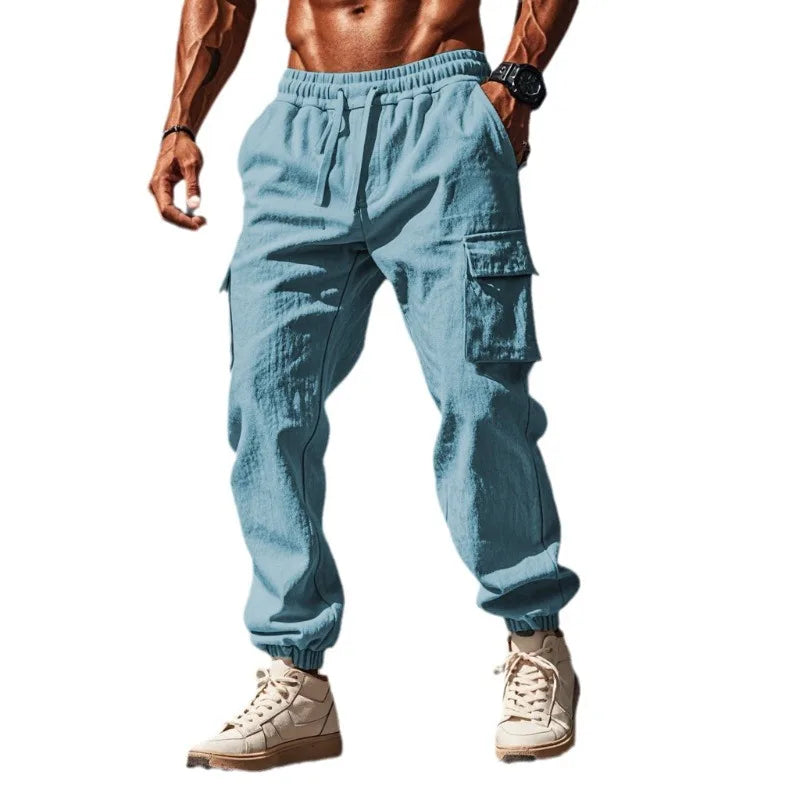 Men's Casual Cargo Pants - Cotton Linen Multi-Pocket Ankle-Length Trousers - ZOOMNSTORE