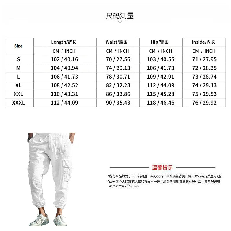 Men's Casual Cargo Pants - Cotton Linen Multi-Pocket Ankle-Length Trousers - ZOOMNSTORE