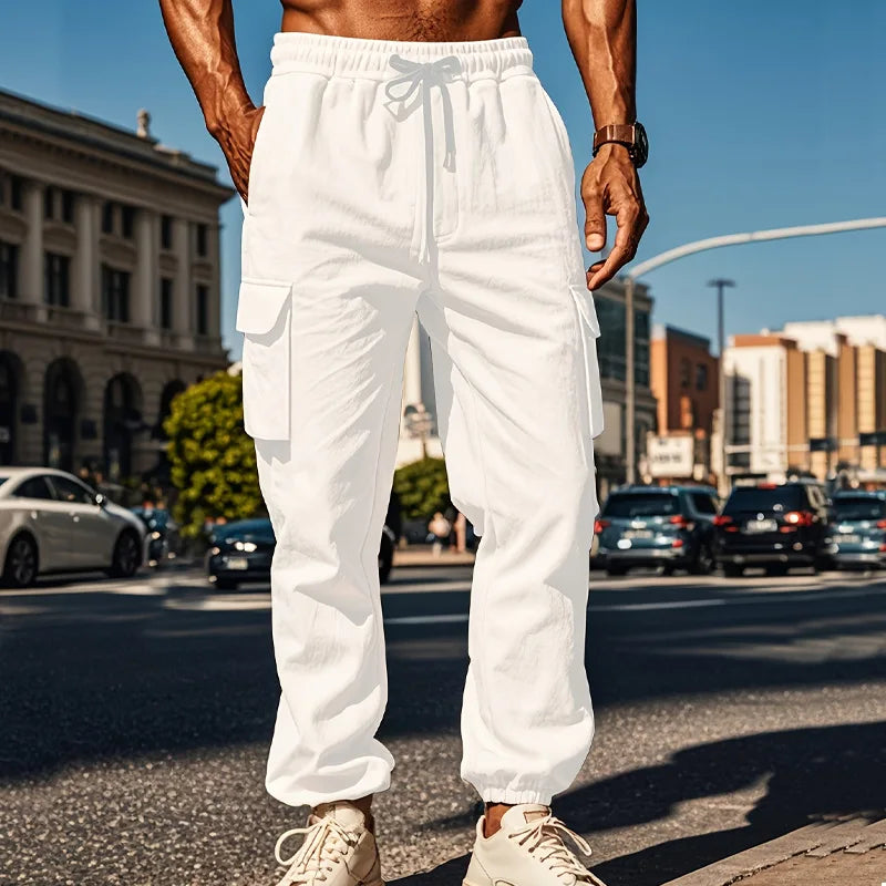 Men's Casual Cargo Pants - Cotton Linen Multi-Pocket Ankle-Length Trousers - ZOOMNSTORE