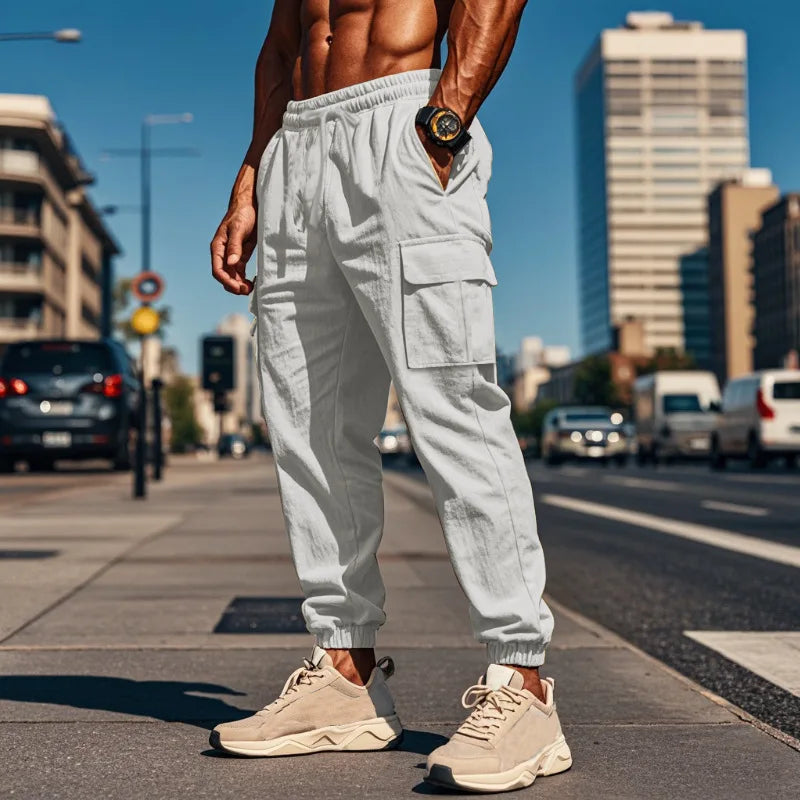 Men's Casual Cargo Pants - Cotton Linen Multi-Pocket Ankle-Length Trousers - ZOOMNSTORE