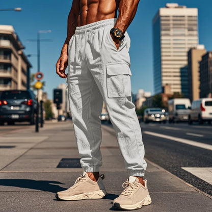 Men's Casual Cargo Pants - Cotton Linen Multi-Pocket Ankle-Length Trousers - ZOOMNSTORE
