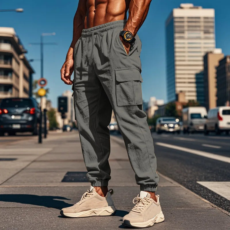 Men's Casual Cargo Pants - Cotton Linen Multi-Pocket Ankle-Length Trousers - ZOOMNSTORE