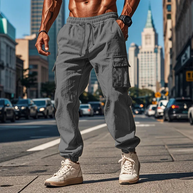 Men's Casual Cargo Pants - Cotton Linen Multi-Pocket Ankle-Length Trousers - ZOOMNSTORE