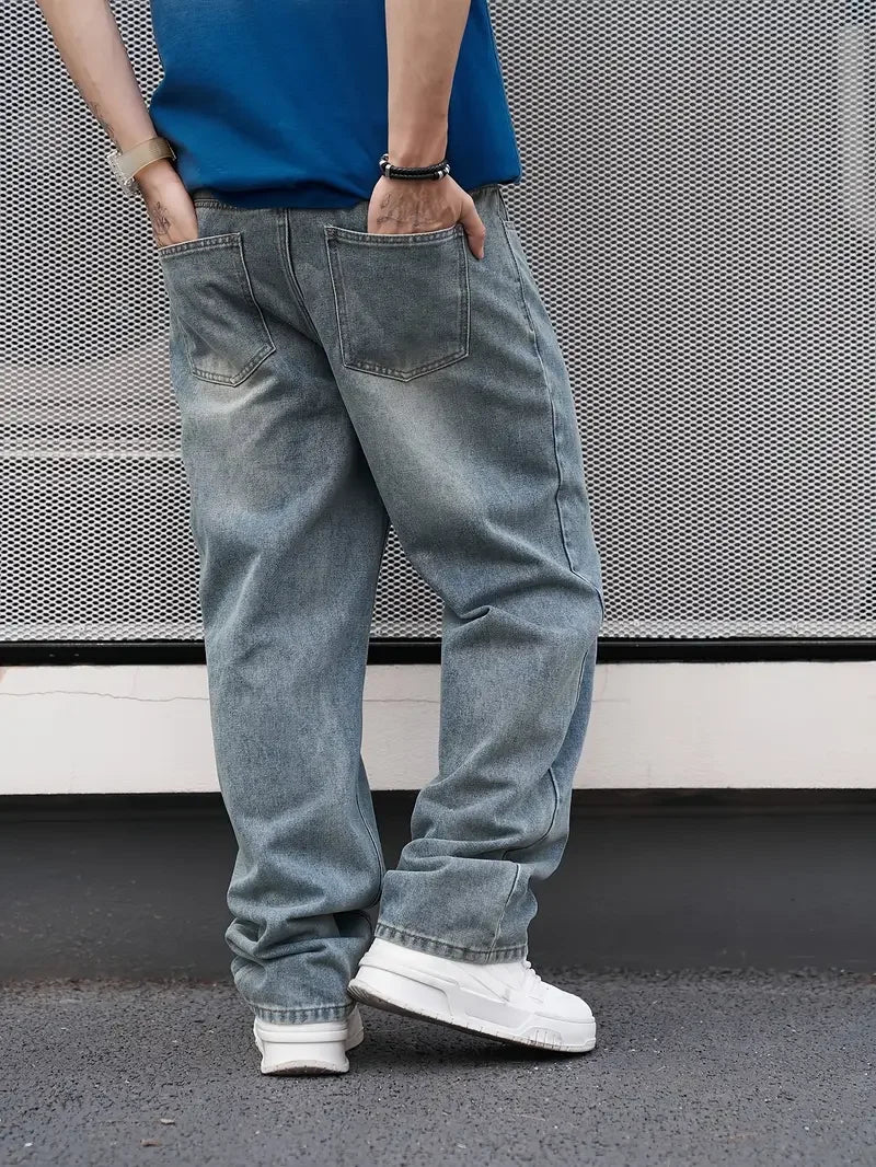 Men's Casual Jeans - Light Blue Loose Fit Straight Leg Denim | Comfortable Cotton Blend - ZOOMNSTORE