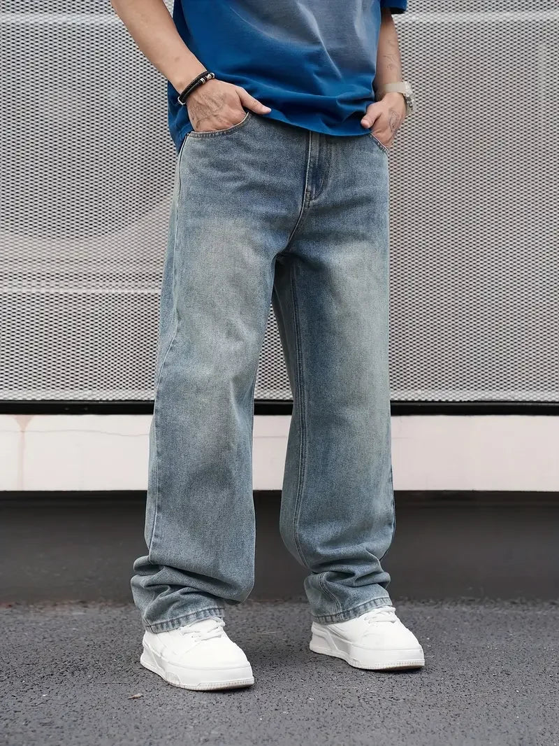 Men's Casual Jeans - Light Blue Loose Fit Straight Leg Denim | Comfortable Cotton Blend - ZOOMNSTORE