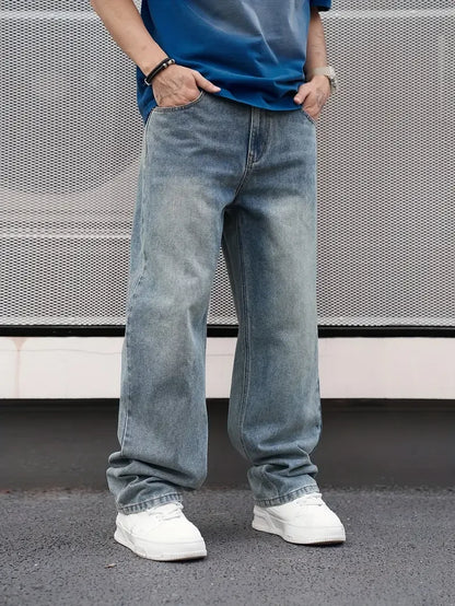 Men's Casual Jeans - Light Blue Loose Fit Straight Leg Denim | Comfortable Cotton Blend - ZOOMNSTORE