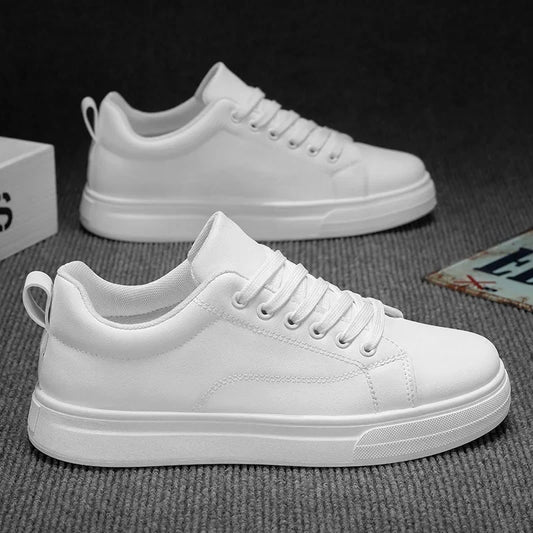 Mens Lightweight Lace-Up Sneakers - Casual PU Leather Tenis Shoes in WhiteBlack - ZOOMNSTORE