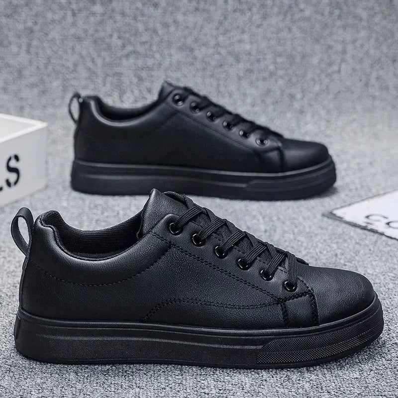 Mens Lightweight Lace-Up Sneakers - Casual PU Leather Tenis Shoes in WhiteBlack - ZOOMNSTORE
