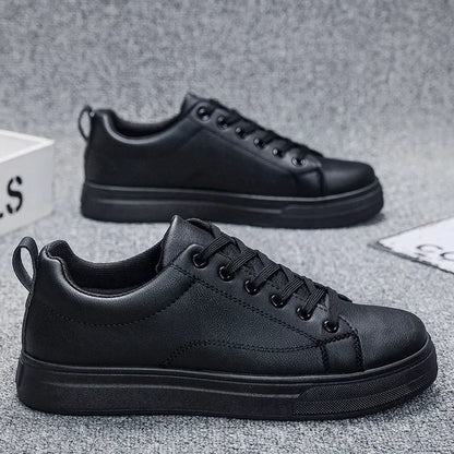 Mens Lightweight Lace-Up Sneakers - Casual PU Leather Tenis Shoes in WhiteBlack - ZOOMNSTORE