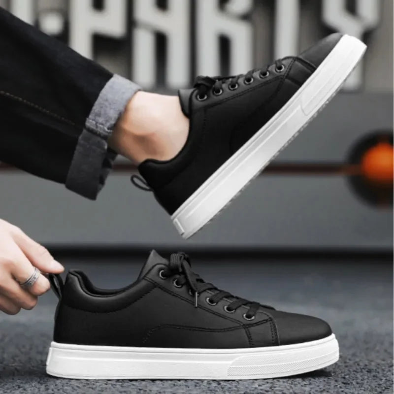Mens Lightweight Lace-Up Sneakers - Casual PU Leather Tenis Shoes in WhiteBlack - ZOOMNSTORE