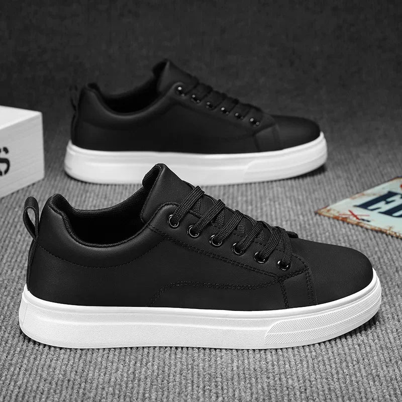 Mens Lightweight Lace-Up Sneakers - Casual PU Leather Tenis Shoes in WhiteBlack - ZOOMNSTORE