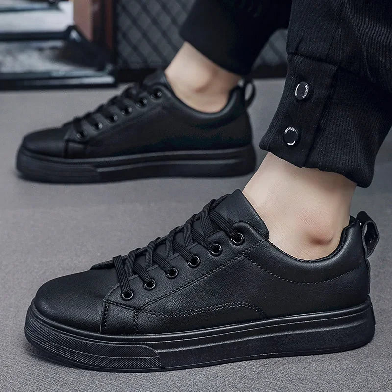 Mens Lightweight Lace-Up Sneakers - Casual PU Leather Tenis Shoes in WhiteBlack - ZOOMNSTORE