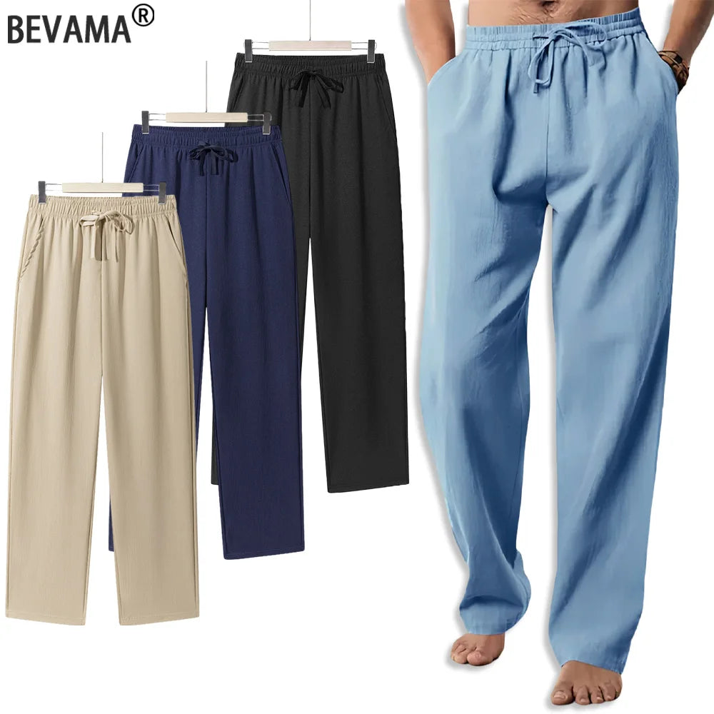 Men's Casual Straight Trousers Summer Autumn Breathable Solid Color Long Pants Drawstring Fitness Sweatpants Men Streetwear - ZOOMNSTORE
