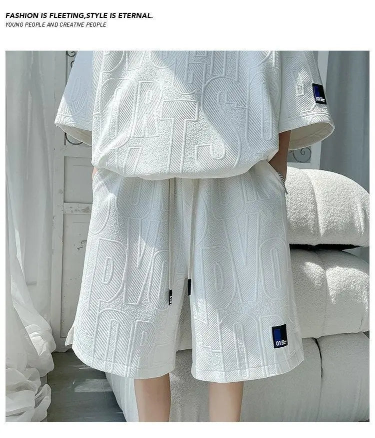 2025 3D Men's new Waffle TZ30 Summer Suit  Casual T-shirt + Shorts Suit Men's Tracksuit Solid color tracksuit loose suit - ZOOMNSTORE