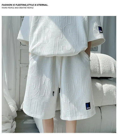 2025 3D Men's new Waffle TZ30 Summer Suit  Casual T-shirt + Shorts Suit Men's Tracksuit Solid color tracksuit loose suit - ZOOMNSTORE