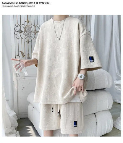 2025 3D Men's new Waffle TZ30 Summer Suit  Casual T-shirt + Shorts Suit Men's Tracksuit Solid color tracksuit loose suit - ZOOMNSTORE