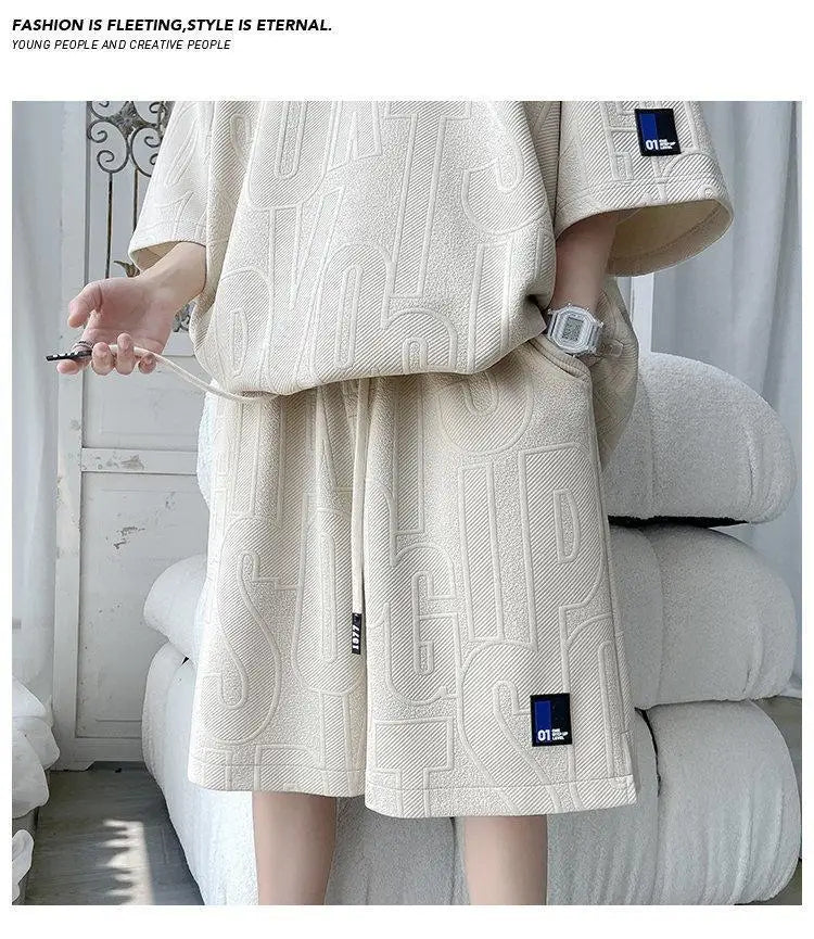 2025 3D Men's new Waffle TZ30 Summer Suit  Casual T-shirt + Shorts Suit Men's Tracksuit Solid color tracksuit loose suit - ZOOMNSTORE