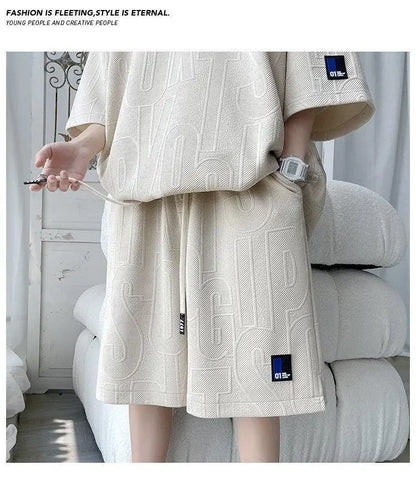 2025 3D Men's new Waffle TZ30 Summer Suit  Casual T-shirt + Shorts Suit Men's Tracksuit Solid color tracksuit loose suit - ZOOMNSTORE