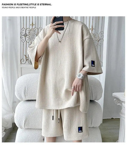 2025 3D Men's new Waffle TZ30 Summer Suit  Casual T-shirt + Shorts Suit Men's Tracksuit Solid color tracksuit loose suit - ZOOMNSTORE