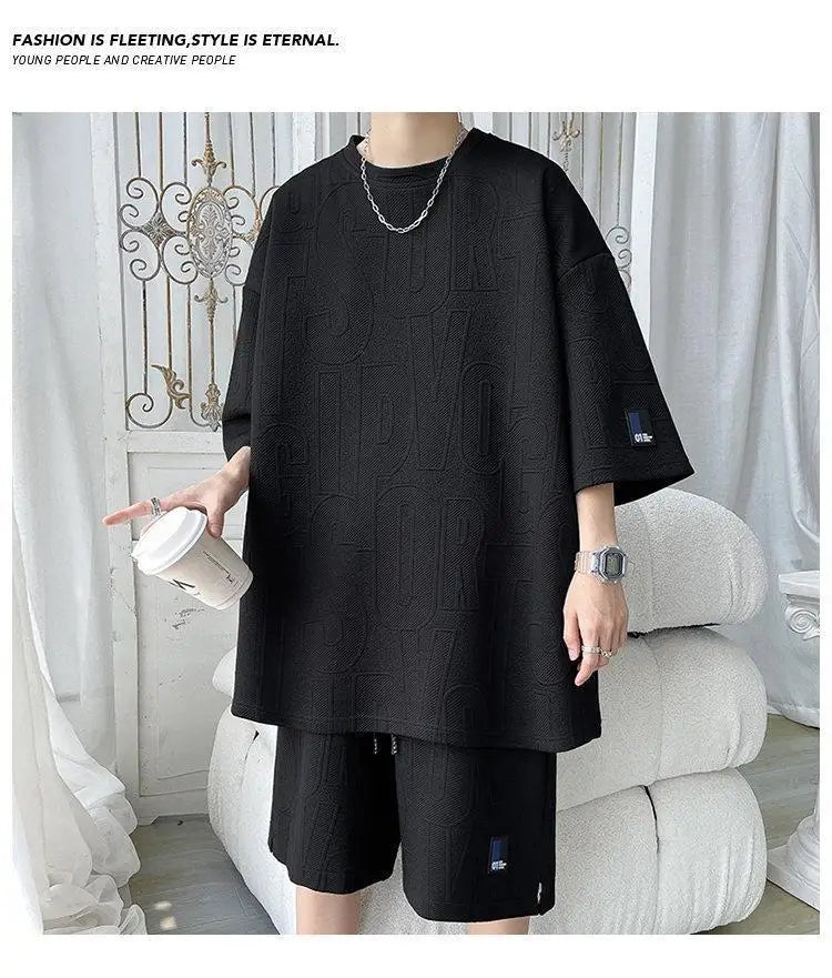 2025 3D Men's new Waffle TZ30 Summer Suit  Casual T-shirt + Shorts Suit Men's Tracksuit Solid color tracksuit loose suit - ZOOMNSTORE