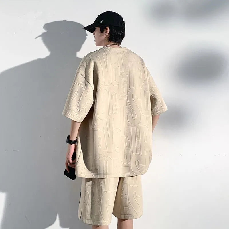 2025 3D Men's new Waffle TZ30 Summer Suit  Casual T-shirt + Shorts Suit Men's Tracksuit Solid color tracksuit loose suit - ZOOMNSTORE